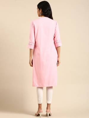 women's calf length round neck pink solid straight kurta 5