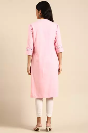 women's calf length round neck pink solid straight kurta