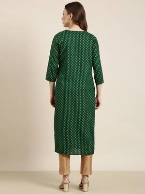women's calf length round neck green ethnic motifs straight kurta 4