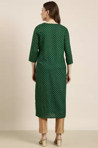 women's calf length round neck green ethnic motifs straight kurta