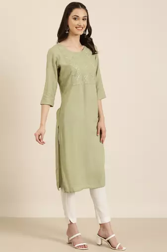 Showoff women's knee length round neck olive solid straight kurta