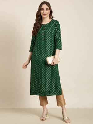 women's calf length round neck green ethnic motifs straight kurta 5