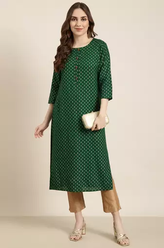 women's calf length round neck green ethnic motifs straight kurta