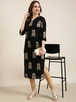 Showoff women's calf length v-neck black ethnic motifs straight kurta 1
