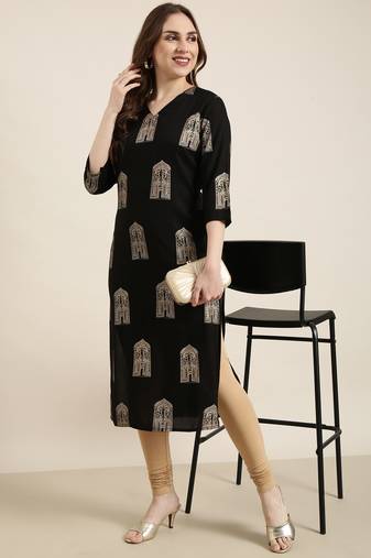 Showoff women's calf length v-neck black ethnic motifs straight kurta