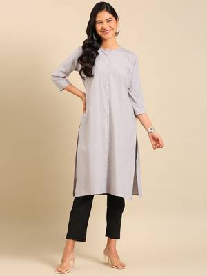 Showoff women's calf length round neck grey solid straight kurta 4