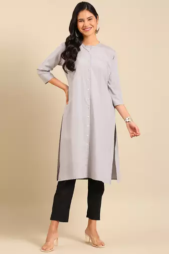 Showoff women's calf length round neck grey solid straight kurta