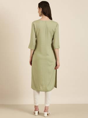 Showoff women's knee length round neck olive solid straight kurta 5