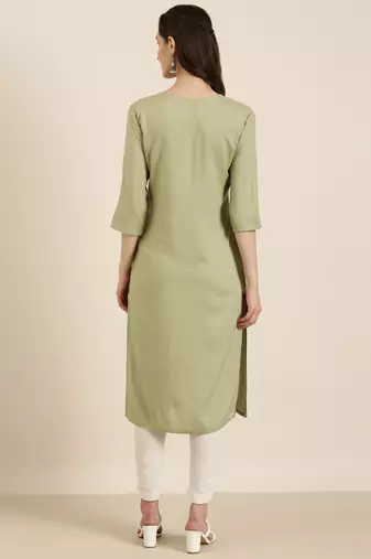 Showoff women's knee length round neck olive solid straight kurta