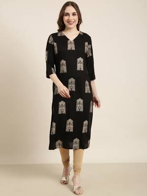 Showoff women's calf length v-neck black ethnic motifs straight kurta 2