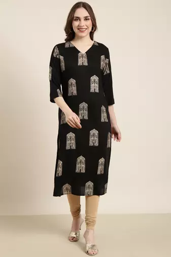 Showoff women's calf length v-neck black ethnic motifs straight kurta