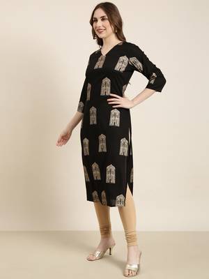Showoff women's calf length v-neck black ethnic motifs straight kurta 3
