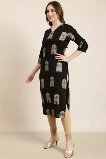 Showoff women's calf length v-neck black ethnic motifs straight kurta