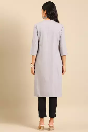 Showoff women's calf length round neck grey solid straight kurta