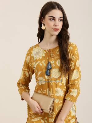 women's calf length tie-up neck mustard floral straight kurta 1