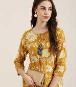 women's calf length tie-up neck mustard floral straight kurta