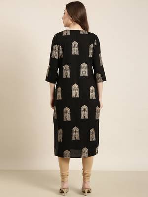 Showoff women's calf length v-neck black ethnic motifs straight kurta 4