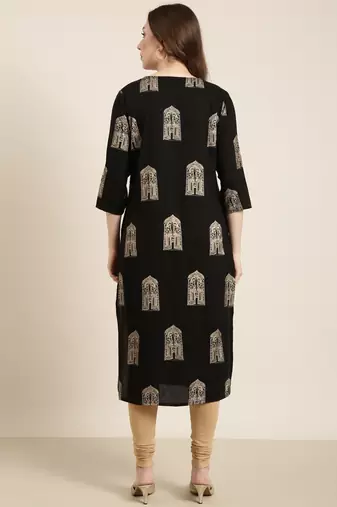 Showoff women's calf length v-neck black ethnic motifs straight kurta