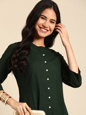 women's calf length round neck olive solid straight kurta 2