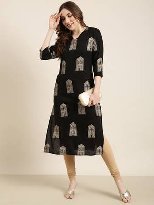 Showoff women's calf length v-neck black ethnic motifs straight kurta 5