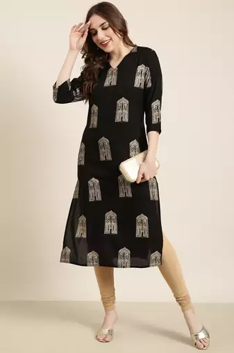 Showoff women's calf length v-neck black ethnic motifs straight kurta