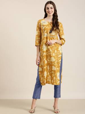 women's calf length tie-up neck mustard floral straight kurta 2