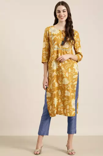 women's calf length tie-up neck mustard floral straight kurta