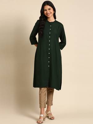 women's calf length round neck olive solid straight kurta 4