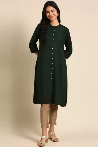 women's calf length round neck olive solid straight kurta