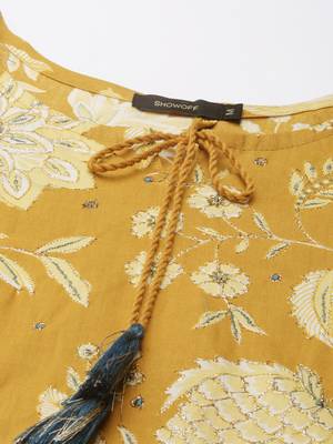 women's calf length tie-up neck mustard floral straight kurta 3