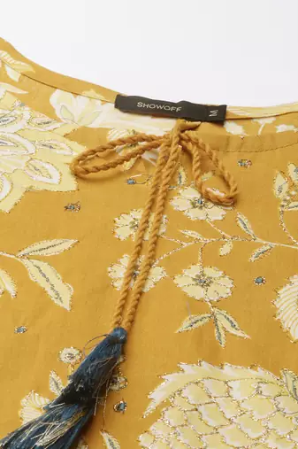 women's calf length tie-up neck mustard floral straight kurta