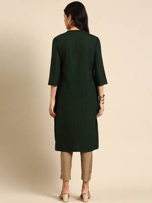 women's calf length round neck olive solid straight kurta 5