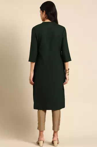 women's calf length round neck olive solid straight kurta