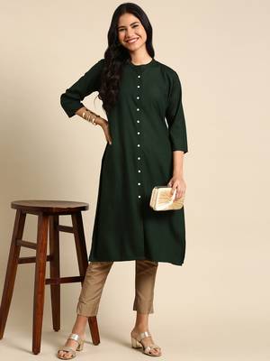 women's calf length round neck olive solid straight kurta 1