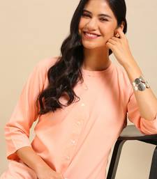 women's calf length round neck peach solid straight kurta