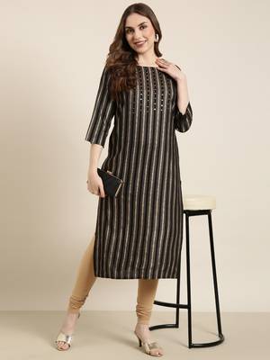 women's calf length round neck black striped straight kurta 1