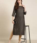 women's calf length round neck black striped straight kurta