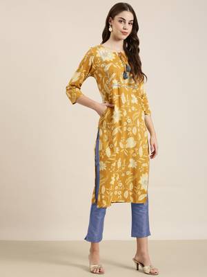 women's calf length tie-up neck mustard floral straight kurta 4