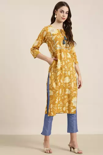 women's calf length tie-up neck mustard floral straight kurta
