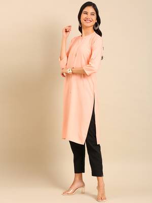 women's calf length round neck peach solid straight kurta 4