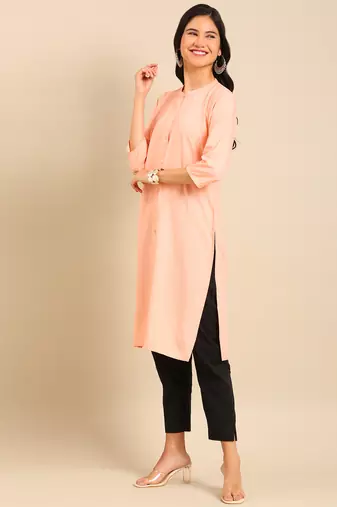 women's calf length round neck peach solid straight kurta
