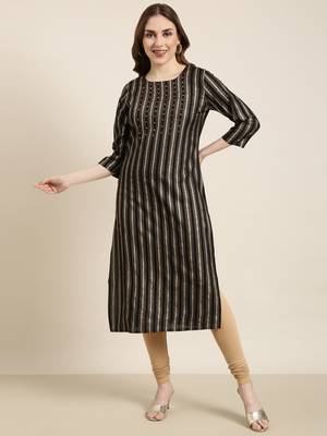 women's calf length round neck black striped straight kurta 2
