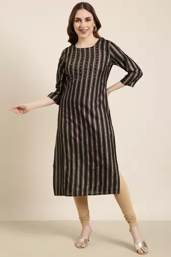 women's calf length round neck black striped straight kurta