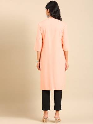 women's calf length round neck peach solid straight kurta 5