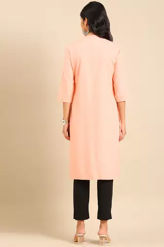 women's calf length round neck peach solid straight kurta