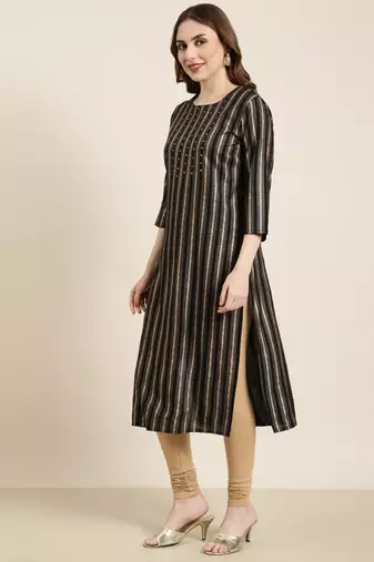 women's calf length round neck black striped straight kurta
