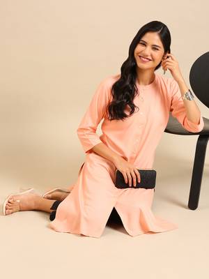 women's calf length round neck peach solid straight kurta 1