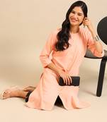 women's calf length round neck peach solid straight kurta