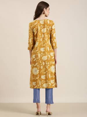 women's calf length tie-up neck mustard floral straight kurta 5