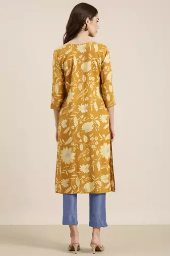 women's calf length tie-up neck mustard floral straight kurta